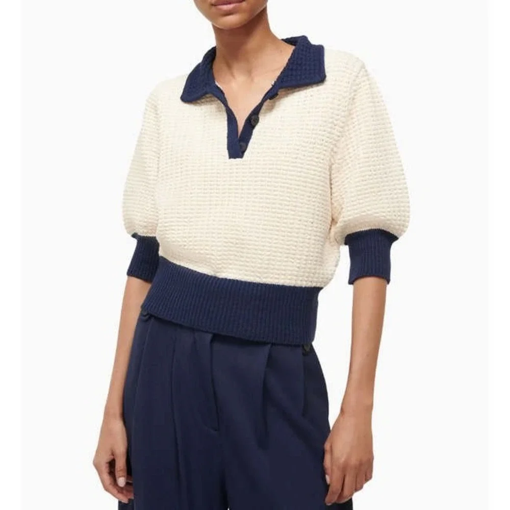 STAUD Altea Cream Navy Waffle Knit Polo Sweater Size L‎ NWT